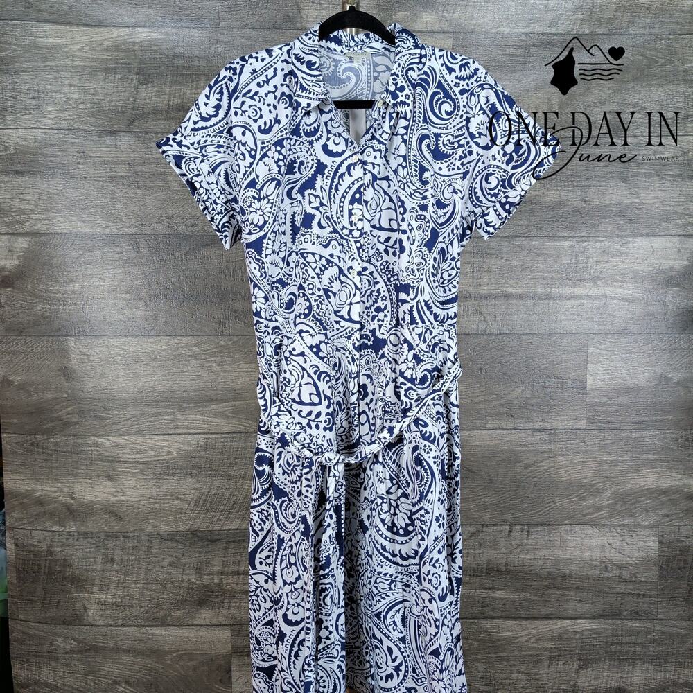 Talbots Paisley Button Front Belted Midi Shirtdress Navy White NWT Size 14